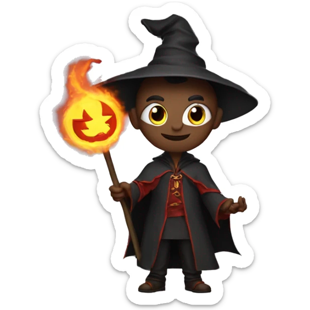 Human demonologist in a wizard costume, surrounded by a fiery halo, Halloween theme, emoji sticker