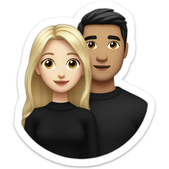 Blonde girl with blue eyes in black sweater and asian man with black hair and black eyes hugging sticker