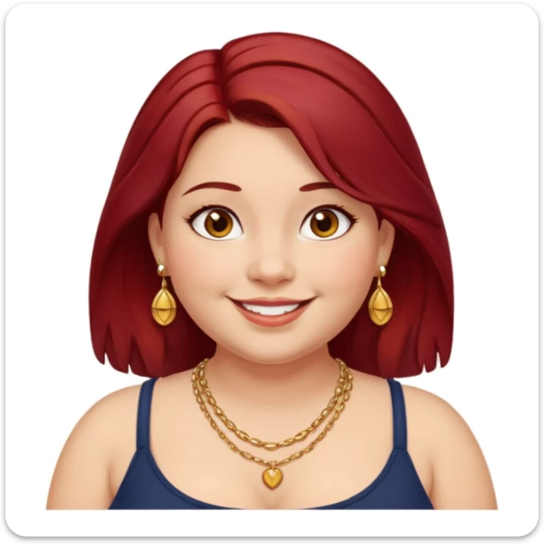 Chubby girl, shoulder length dark red hair, brown eyes, dimples, gold earrings, and necklaces sticker