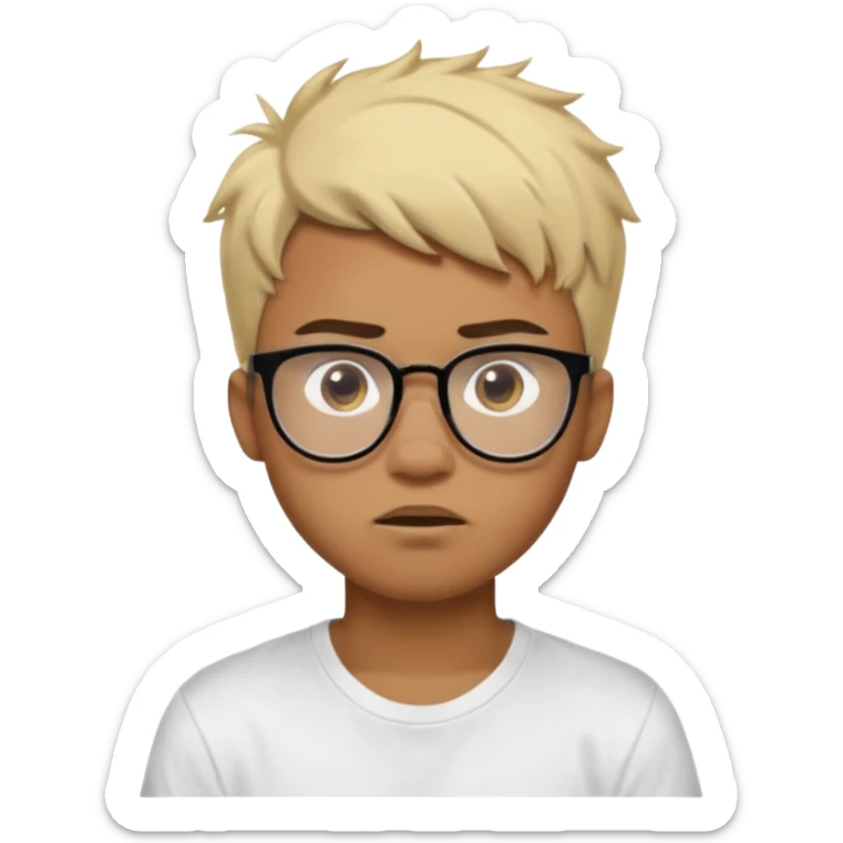 Teenager. Short buzz, messy blonde hair. Dark brown bushy eyebrows large expressive golden-brown eyes, brown skin color, scar over nose, wearing a plain white t-shirt. wearing clear thick black glasses. 20 year old male. wacky facial expression. brown skin color.  sticker