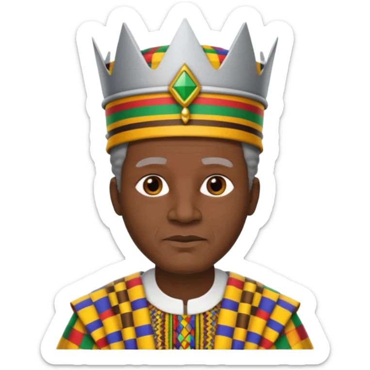 Create an emoji of an old African king wearing kente cloth, white shirt and kufi hat sticker