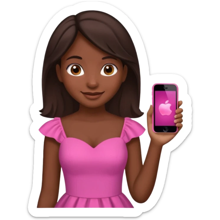 Create an emoji of a girl with dark skin, dark brown hair, a contoured face, brown eyes, and a pink dress. She should be holding an iPhone in her hands and smiling. sticker