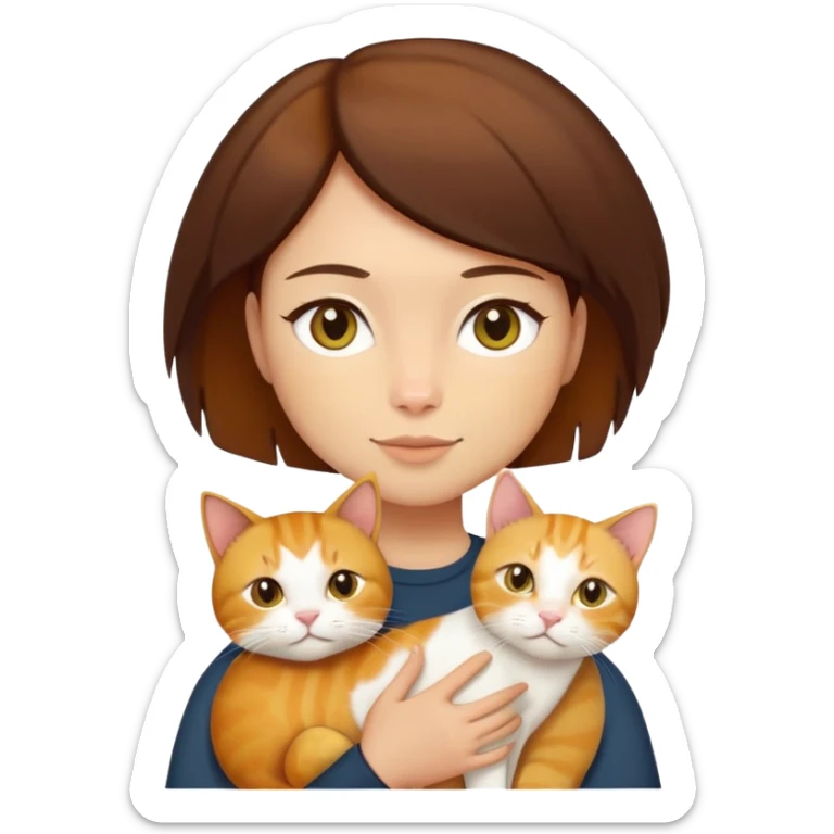 Straight short hair ear length in dark brown , skin tone honey . holding one ginger cat and one yellow white cat same size  sticker