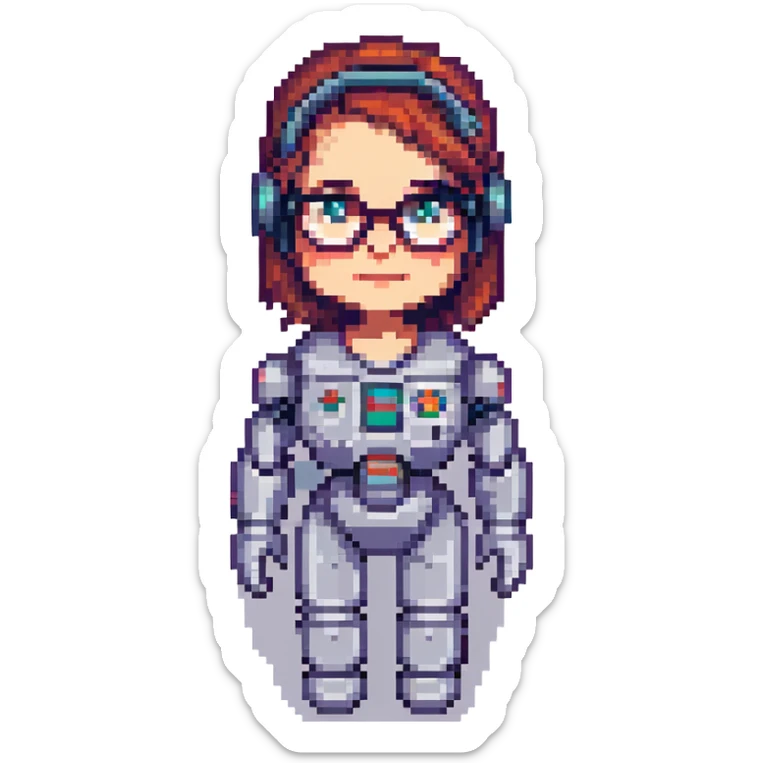 shoulders-up portrait of a cute female recruiter robot in 8-bit pixel art style, approachable, one hand raised, glasses sticker