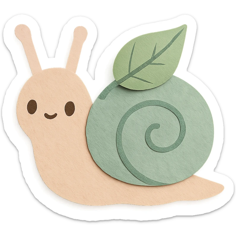 pastel snail with a leaf backpack, kawaii soft nature tone, paper-craft style sticker