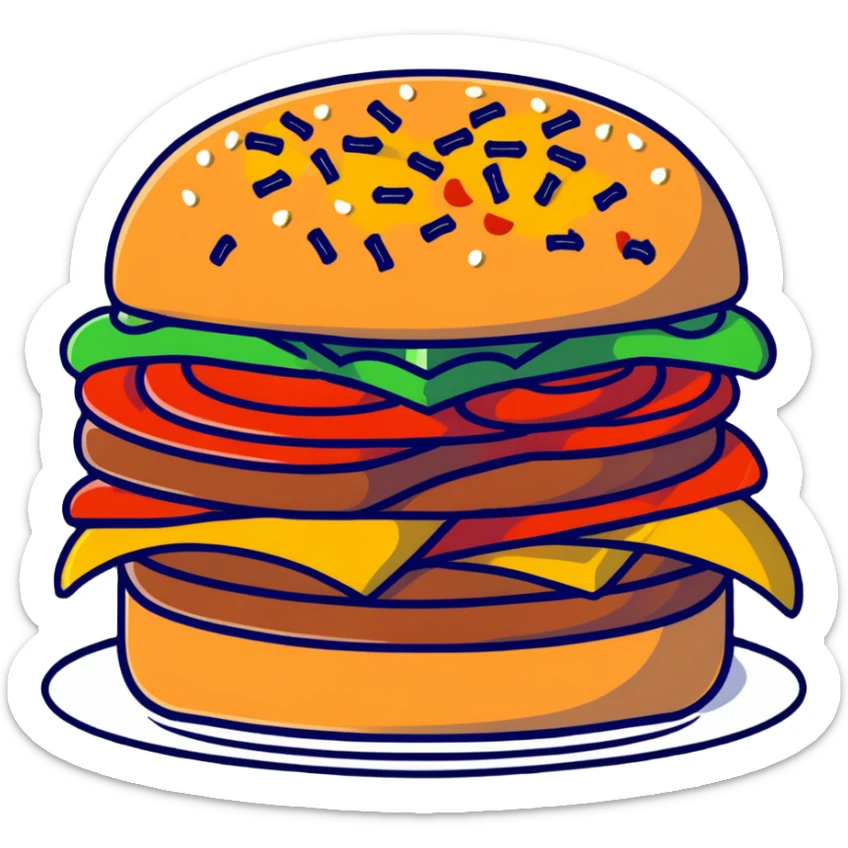 A burger with pizza toppings, french fries sticking out the sides, and apple slices as garnish sticker