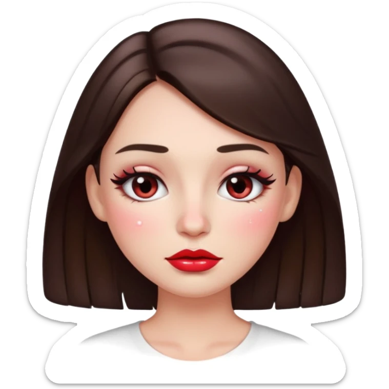 “Emoji brunette girl, dewy skin, heavy blush across cheeks and nose bridge, glossy cherry lips, soft eyeliner, teary sparkling eyes sticker