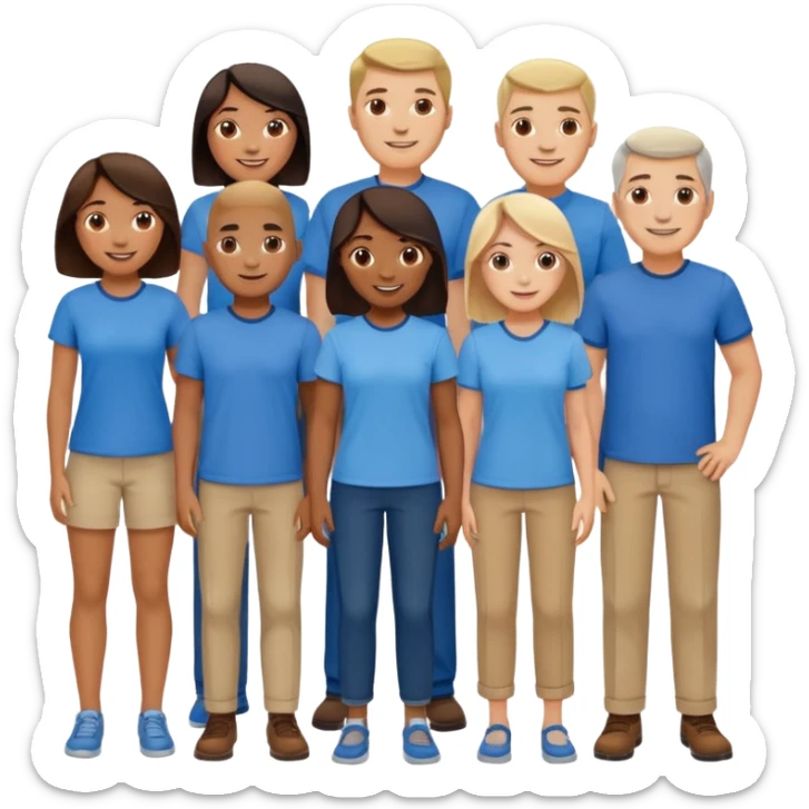 CREA UN EMOJI DE 7 PERSONAS HOMBRES Y MUJERES, CON CAMISA AZUL SOLO 7 SIETE PERSONAS CUERPO COMPLETO sticker