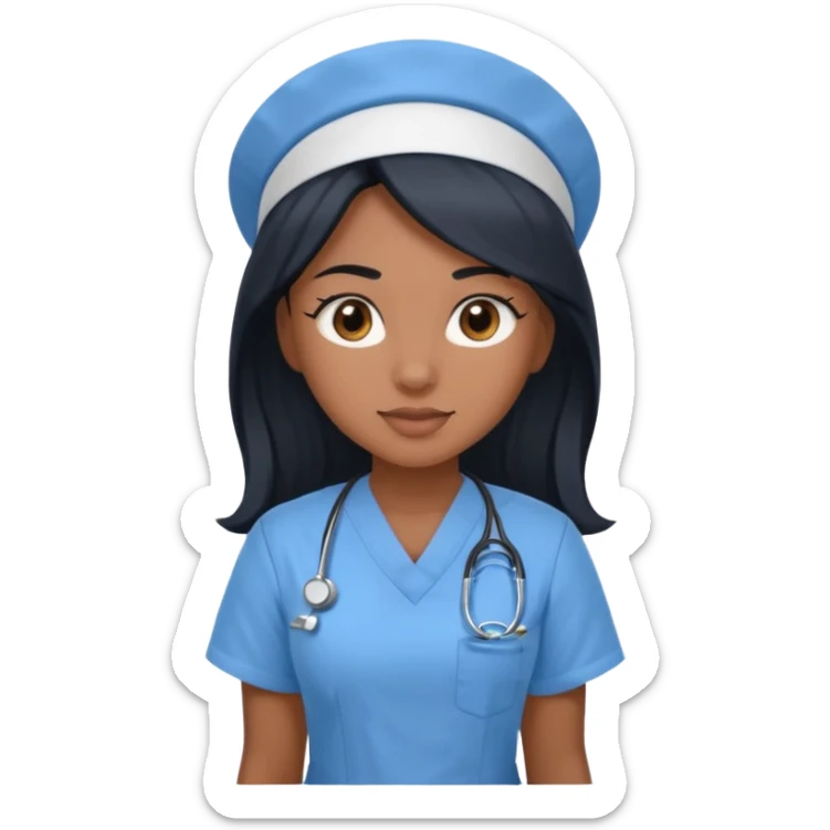 pretty brown skin nurse with long black hair and slanted brown eyes in light blue scrubs sticker