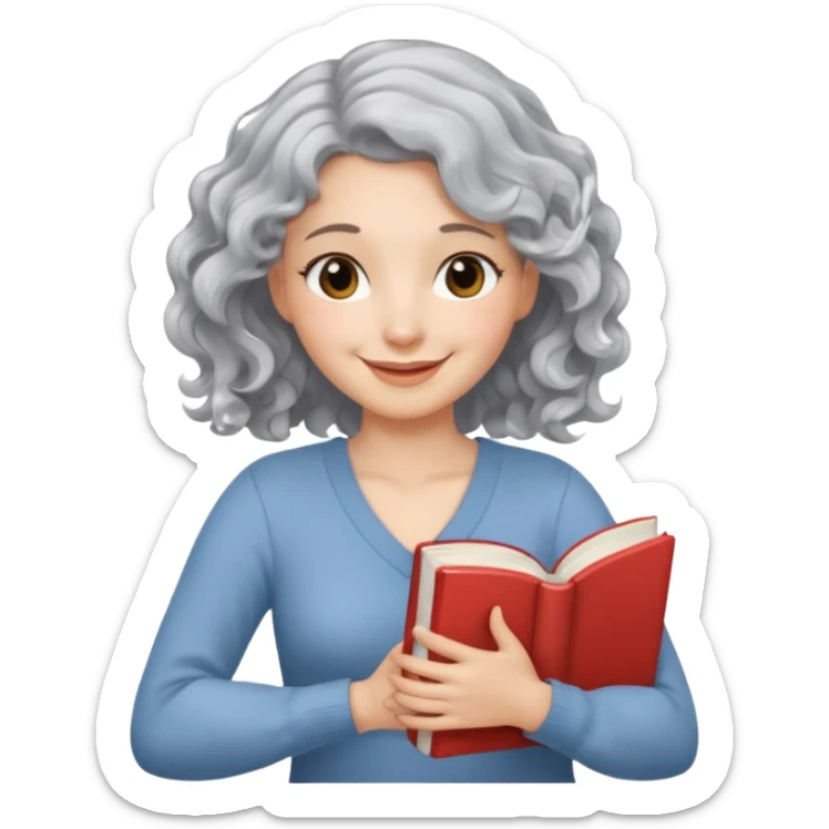 Silver hair, wavy/curly hair chin-length lady giving hug with 2 arms,  v-neck and smiling, add a favorite book sticker
