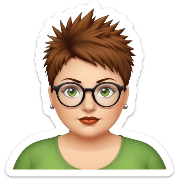  plus size white women round nose with short  brown shaggy spiked hair wearing glasses green eyes sticker