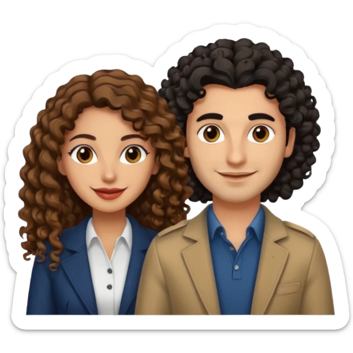 A Lebanese women with long brown hair and an Italian man with curly black hair looking at the camera smiling wearing nice modern but stylish clothing sticker