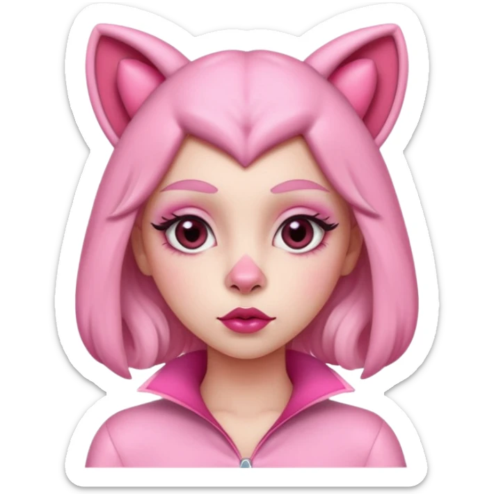 A woman dressed as a pink panther with soft pink skin, big expressive eyes, and glossy lips has a calm, pouty look. Pink animal ears and subtle heart details give her a sweet, playful vibe sticker