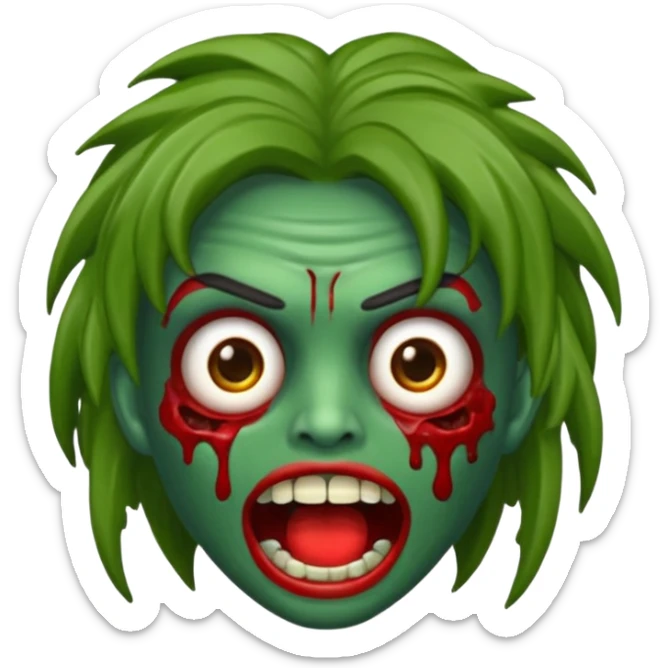 emoji de zumbi estilo WhatsApp, cabeça verde, cabelo cacheado vermelho volumoso, olhos brancos brilhando, expressão divertida e assustadora, cartoon, linhas limpas, fundo transparente, qualidade alta sticker