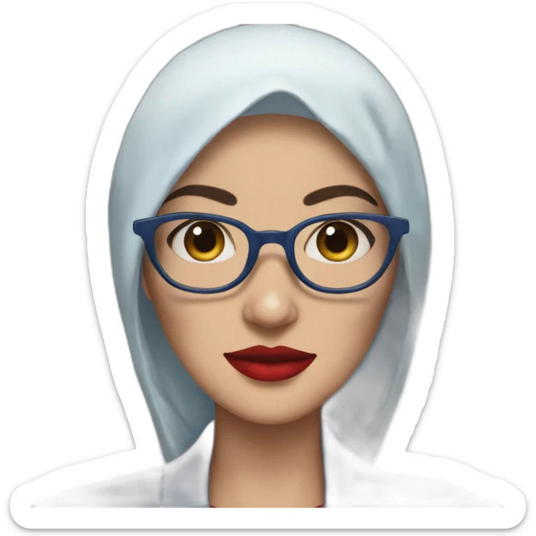 Hijabi white woman with glasses and brown eyes wearing a blue suit and red lipstick sticker