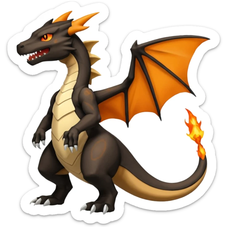 Magmatic fiery badass cool obsidian-Black and golden-orange Helioptile-Marowak-Charizard-Fakémon-hybrid-creature (full body)  sticker