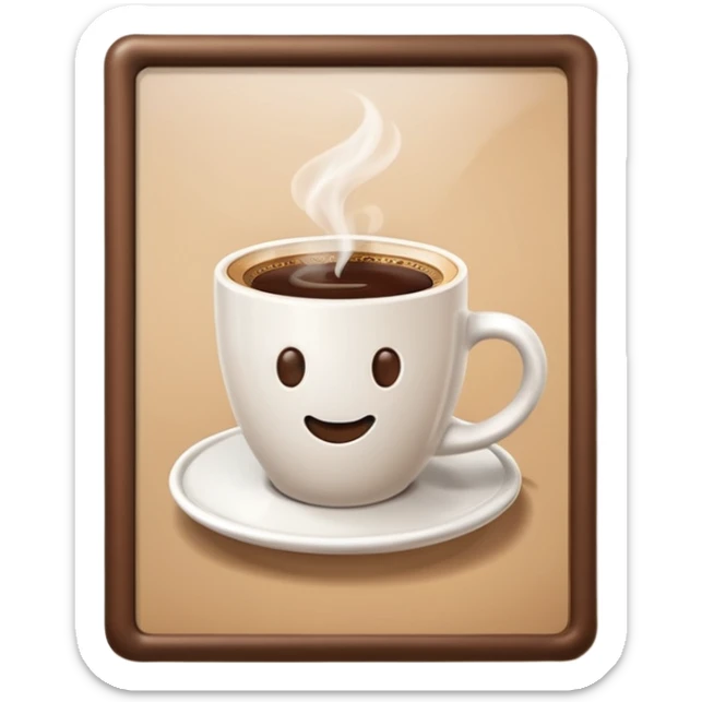A 3D cartoon coffee shop advertisement poster hanging on a wall, showing a cup of coffee, visible border, flat lighting, Memoji-style. sticker