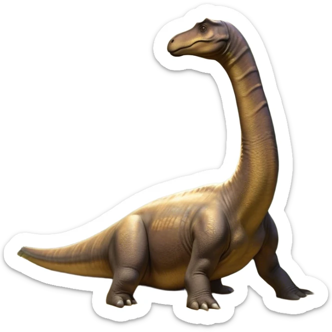 Beautiful and Majestic Brachiosaurus Portrait Emoji, Head and body resting in serene repose with a gentle, confident expression, showcasing its monumental, elongated neck and a small, refined head with tranquil eyes, Simplified yet exquisitely endearing features, highly detailed, glowing with a soft, drowsy golden light, high shine, relaxed and utterly majestic, stylized with an air of timeless prehistoric splendor, soft glowing outline, capturing the essence of a beautiful and majestic Brachiosaurus that feels destined to become the next viral icon of awe-inspiring ancient beauty! sticker