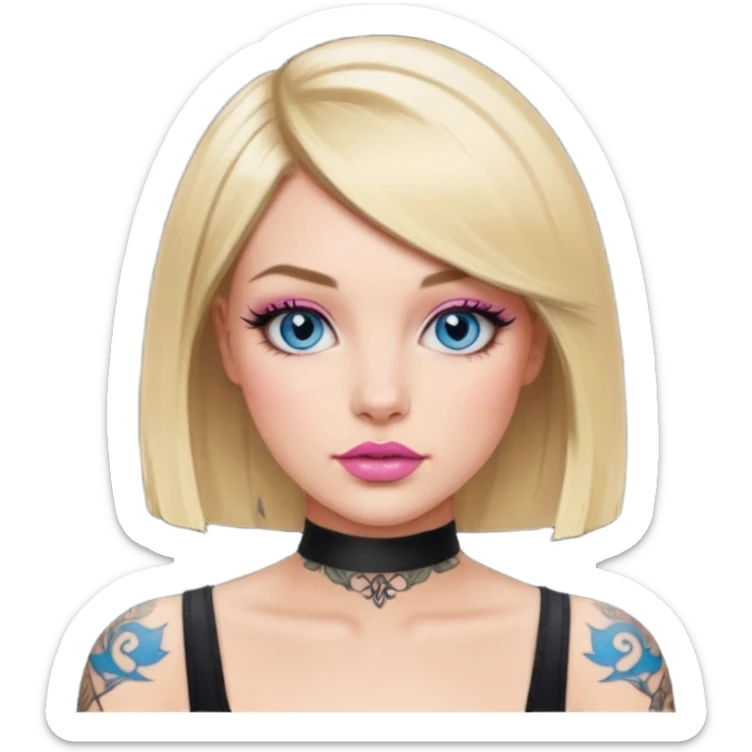 Woman, Blonde hair Medium blunt bob, blue eyes, makeup Smokey lid with doe lashes, pink lips, tattoo on arms, wearing black sticker
