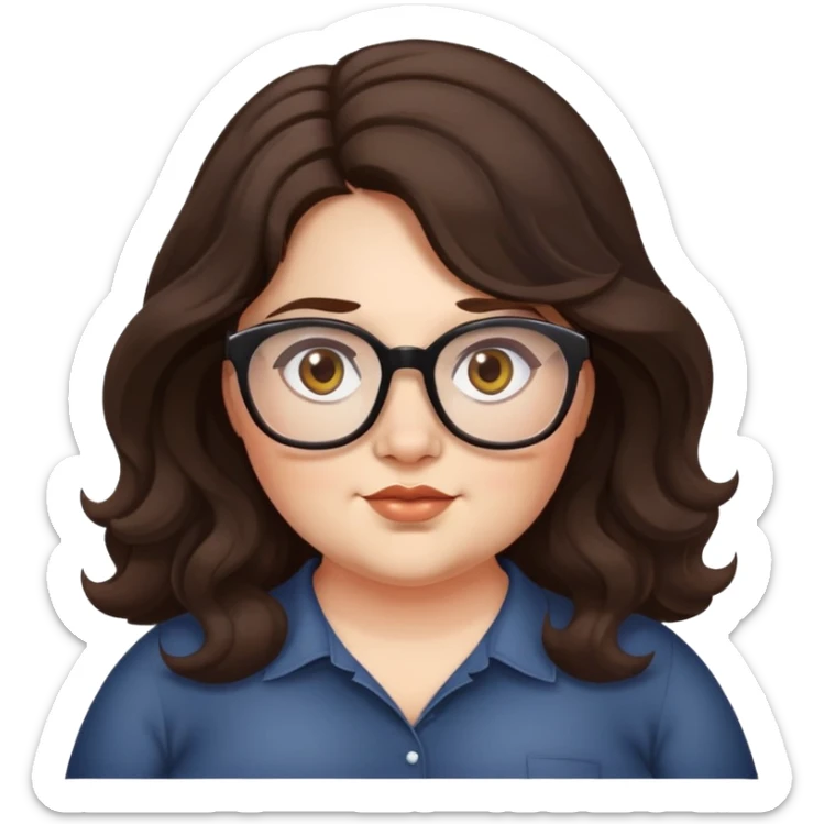  woman, long dark brown wavy hair, very light fair skin, hazel eyes, glasses, very chubby sticker