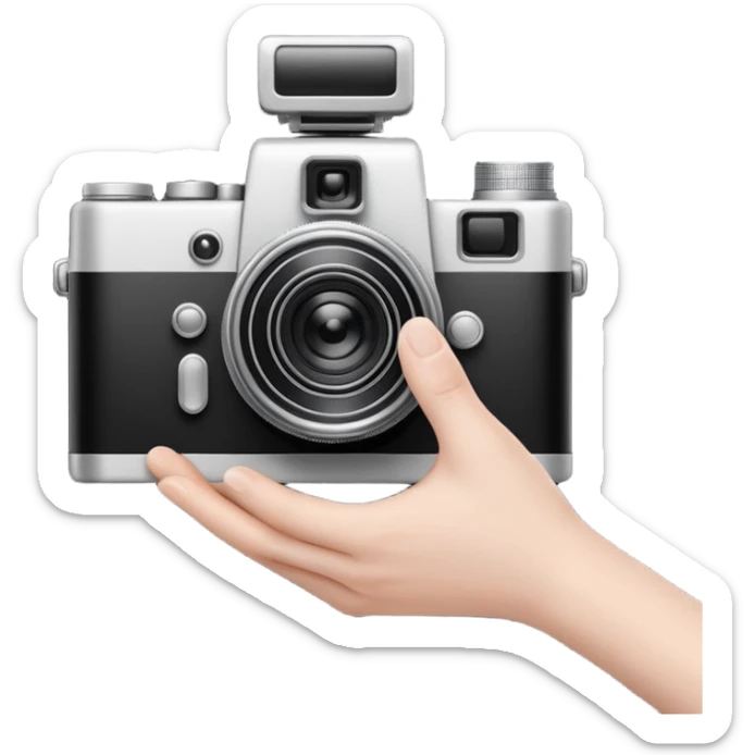Minimalist emoji-style sticker of a photo camera ejecting a photo, but a hand comes out instead. Black and white, surreal icon.
 sticker