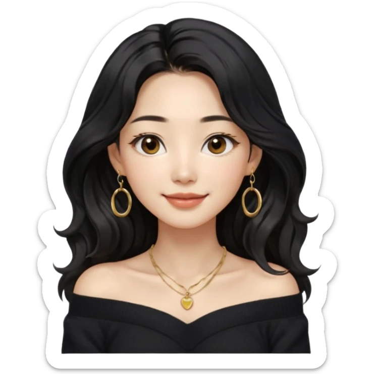 A South Korean girl in her thirties with long black soft wavy hair with middle part and layers. She is wearing a black off the shoulder long sleeve knit sweater, small gold hoop earrings and thin gold necklace. She has brown eyes with mono lid shape and smiling with lips together sticker