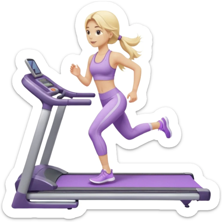 girl with long blonde hair on treadmill wearing light purple yoga set sticker