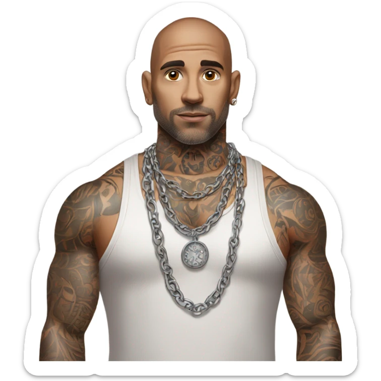 Full body image  of a Man with tattoos, brown hair and grey highlights, thick silver Cuban necklace that has big wide eyes looking to the side curiously sticker