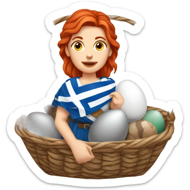 Greek Female winter mountaineer red hair white skin climbing with Greek Flag and Easter eggs basket sticker