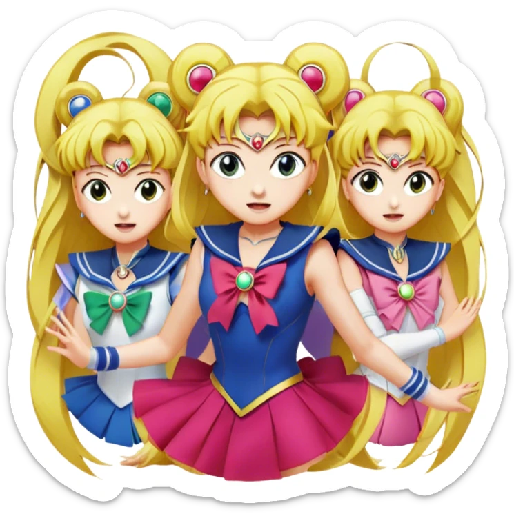 Icon for Anime: vibrant, dynamic scene with heros from Bishoujo Senshi Sailor Moon in action, featuring exaggerated expressions and colorful backgrounds. The design should reflect the distinct, energetic style of anime, with iconic eyes and unique visual elements. Transparent background. sticker