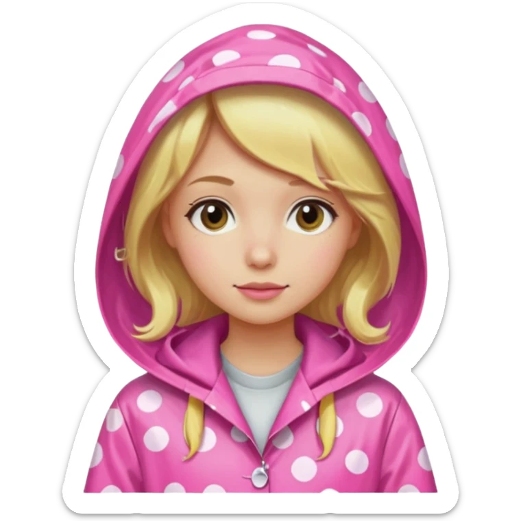 Blonde girl in a pink polka dot raincoat with hoodie sticker