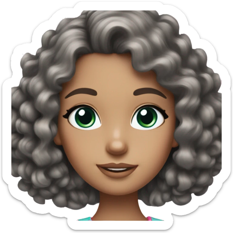 A brunette girl with green/blue/grey eyes and curly hair that has a pink bow in her hair and looks like a barbie sticker