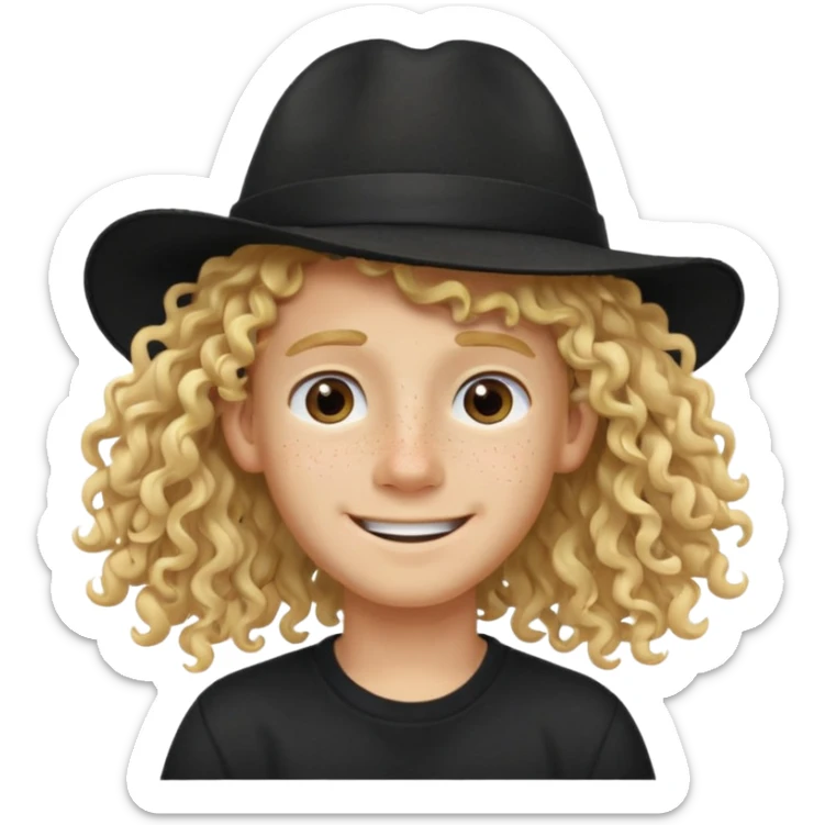 blonde boy with long curly hair past his hears and a LA hat, smiling, wearing a black shirt with freckles sticker