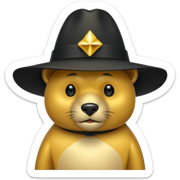 Oso dorado con sombrero negro  elegante y moño negro triste animatronico sticker