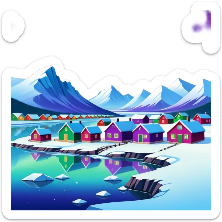 Mohe Arctic Village northernmost point of China with aurora borealis, simplified emoji style with bold outlines and bright colors, cartoon style village with northern lights sticker