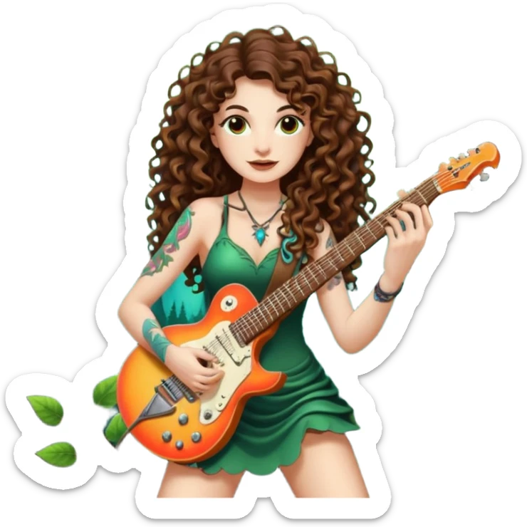 woman with long curly brown hair, brown eyes, white skin, tattoos, playing a root-shaped electric guitar that grows leaves from the strings, psychedelic glow, forest stage aura sticker