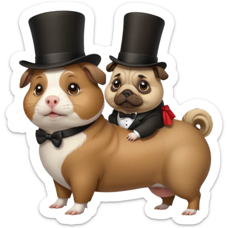 a cute guinea pig wearing a top hat riding on the back of a pug dog sticker