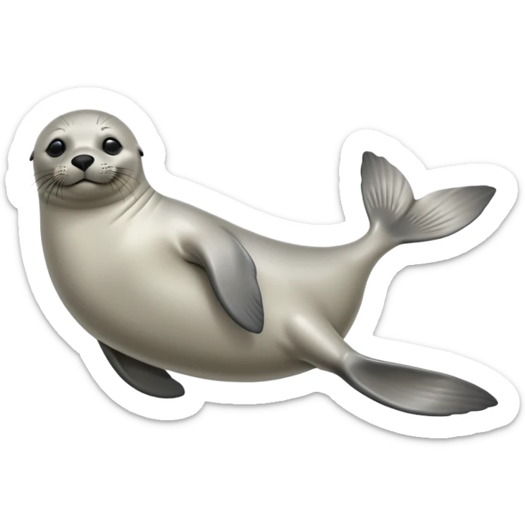 cinematic-seal-realistic-full-body-lounging-emoji,-sleek-body-stretched,-short-smooth-fur-glinting-in-the-sea-breeze,-flippers-tucked-comfortably-beneath-its-body,-large-dark-eyes-filled-with-playful-curiosity sticker