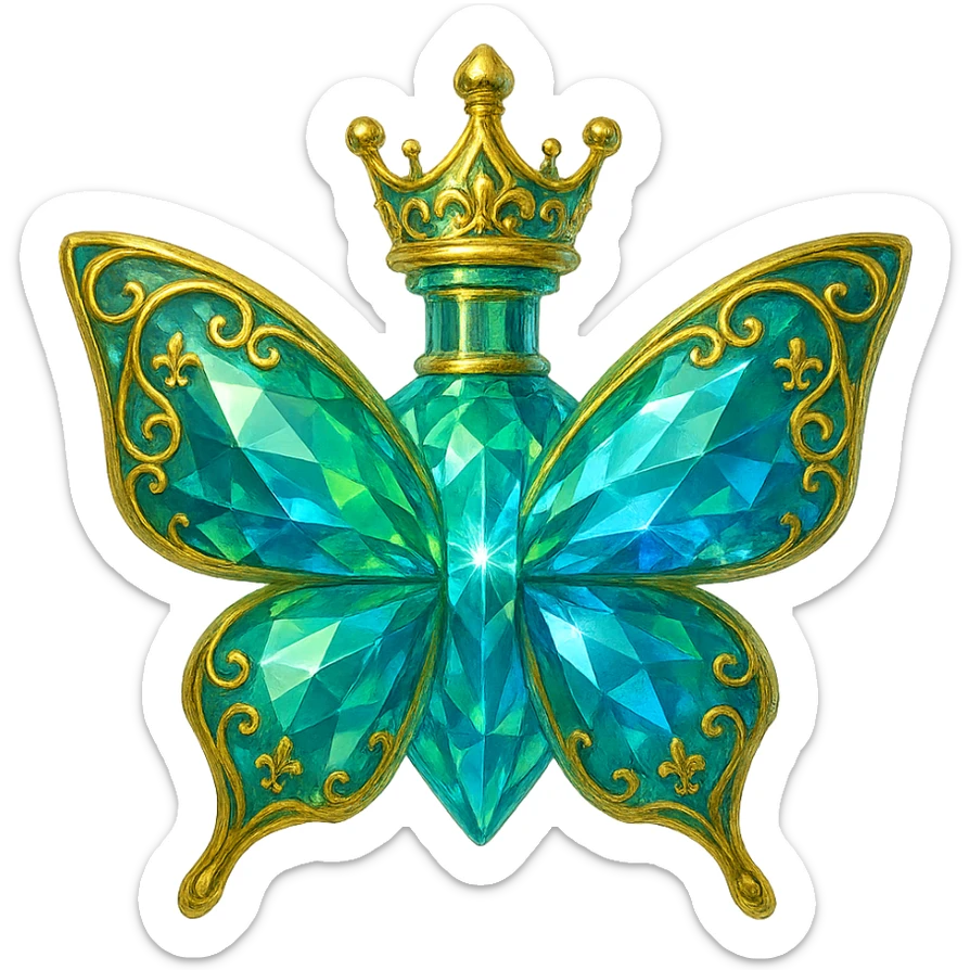 crystal butterfly-shaped bottle with short neck and princess crown, green and blue colors, many facets, glowing, ornaments, golden details, transparent background, floating in air, no ground or shadow, very close to the original sticker