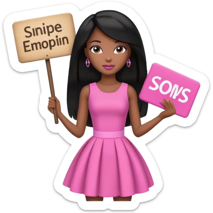 Black barbie, long black  hair, pink dress holding sign, that says snipe sticker