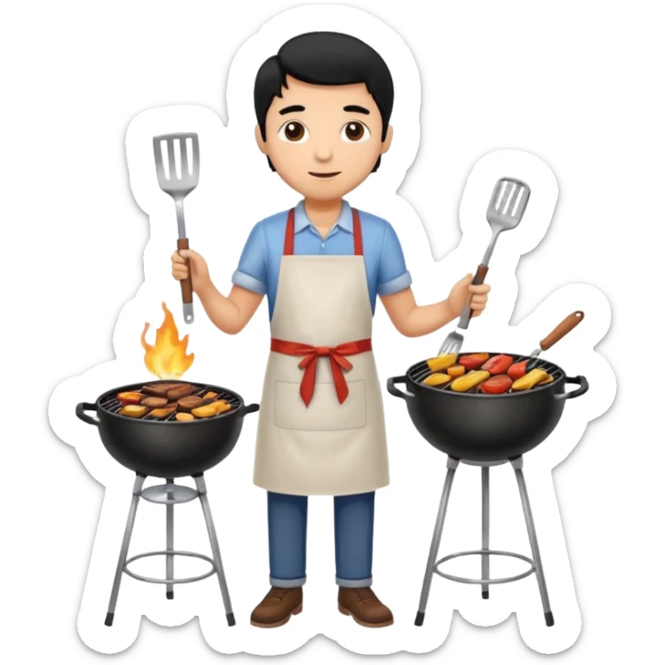 man cooking barbecue full-body black hair brown skin sticker