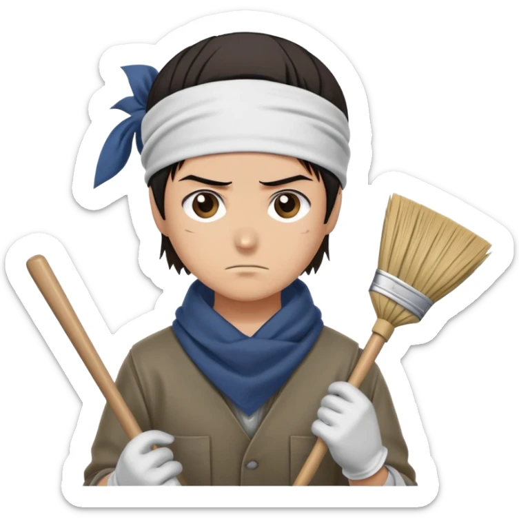 Levi Ackerman cleaning with bandana over hair, gloves, holding broom, annoyed expression sticker