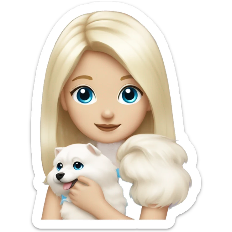 Blond girl white skin blue eyes hugging white Pomeranian with light pink bow sticker