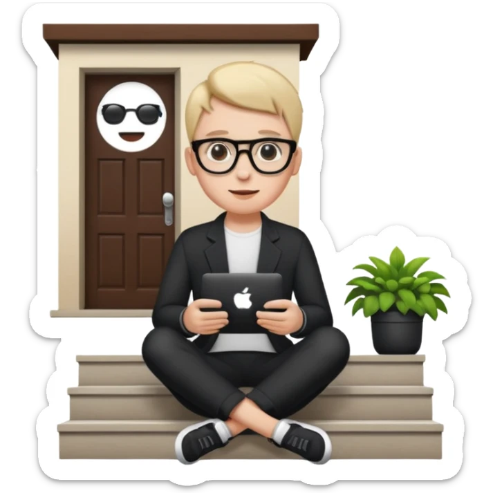 a home which has garden like and the home has slack emoji, where on the house steps, a blob holding black mac should sit and should look like wiork sticker