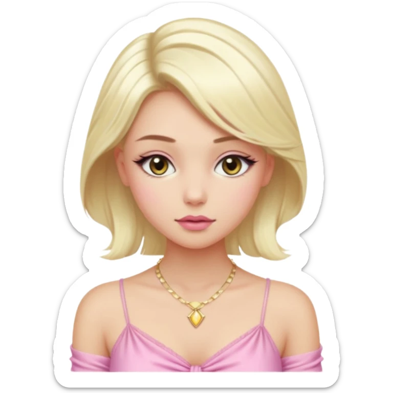 Girl with a platinum-blonde beauty with sleek, waist-length hair, flawless skin, fluttery lashes, and pouty lips-dressed in a sheer pink ruched top that ties in the center, glowing softly under the car lights with a dainty gold necklace completing her dreamy, doll-like look. sticker
