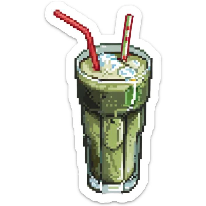 Glass of sugarcane juice with ice cubes, pale green liquid, and a straw sticker