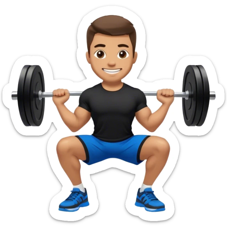smiling man black shorts black t shirt blue shoes barbell squats sticker