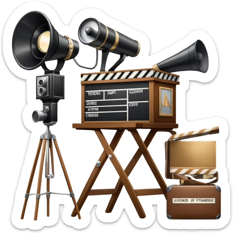 Icon for Directing: a director's chair, a film clapperboard, large movie camera, vintage megaphone and a stage with a spotlight. The icon should represent the creative and organizational aspects of directing, with focus on storytelling, staging, and performance. Transparent background. sticker