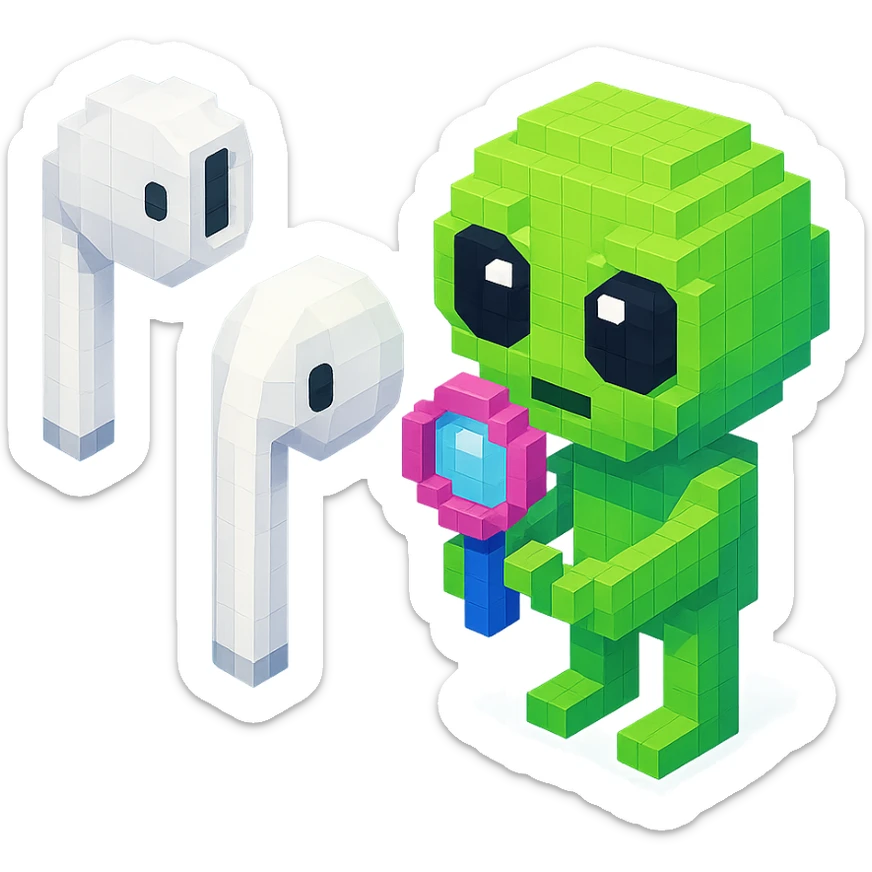 white EarPods headphones with a playful twist, floating in space, with a cartoonish alien examining them sticker