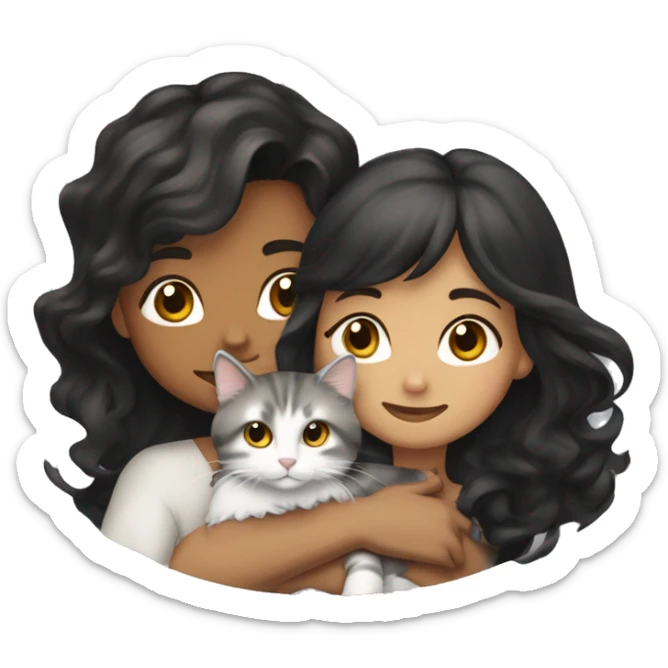 TAN SKIN GIRL with long black wavy hair and bangs HUGGING HER LIGHT BROWN, GRAY, and WHITE CALICO CAT  sticker